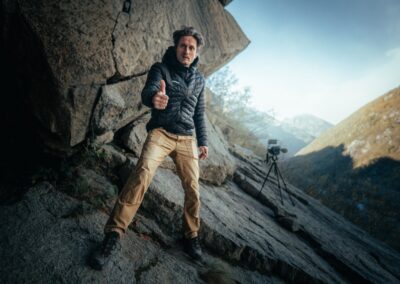 Filmmaker Laco Korbel shooting Adam Ondra climbing. Valle di Orco, Italy, Greenspit.
