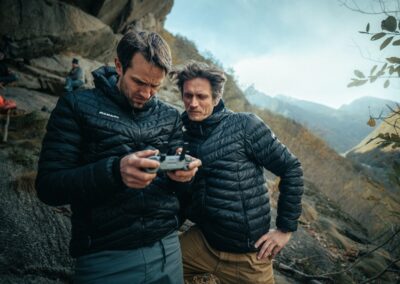 Pavel Klement and Laco Korbel shooting video of Adam Ondra climbing. Valle di Orco. Greenspit, Italy.