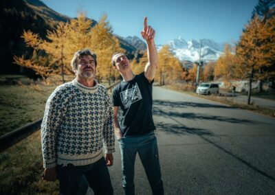 Adam Ondra and Andrea Giorda looking to the mountains of Valle di Orco. Gran Paradiso Park Italy.